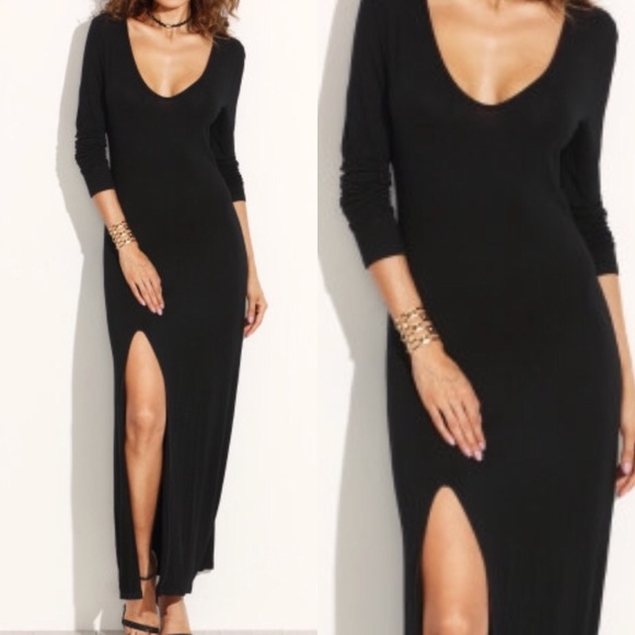 black v neck maxi dress with sleeves